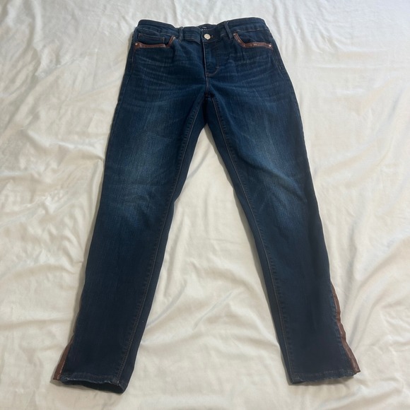 White House Black Market Denim - White House Black Market Skinny Ankle Jeans Dark Wash Faux Leather Trim Size 6